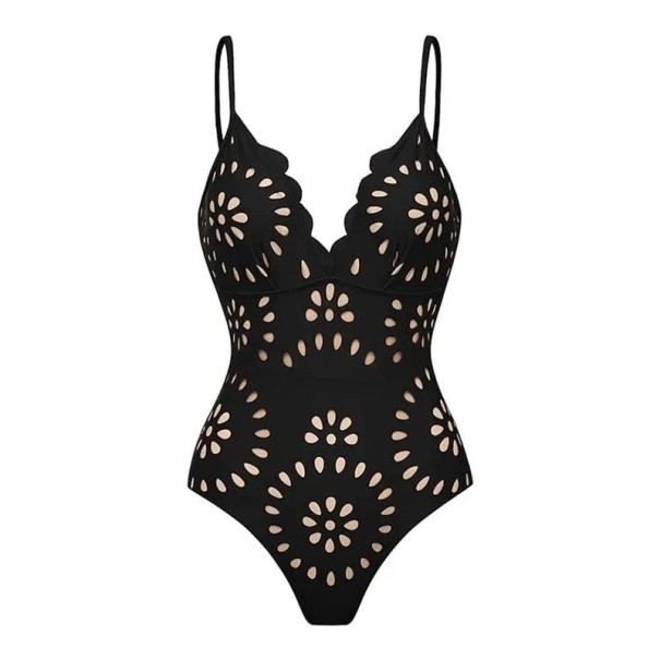 Costume de baie întreg pentru femei Decolteu în V Bretele subțiri Uni Cu flori Spandex Poliester Elastic Costume de baie elegante de vară negru M