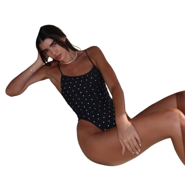 Costume de baie pentru femei, o piesă, bretele subțiri, buline, decolteu în O, spandex, poliester, costume de baie elastice de vară, uni negru M