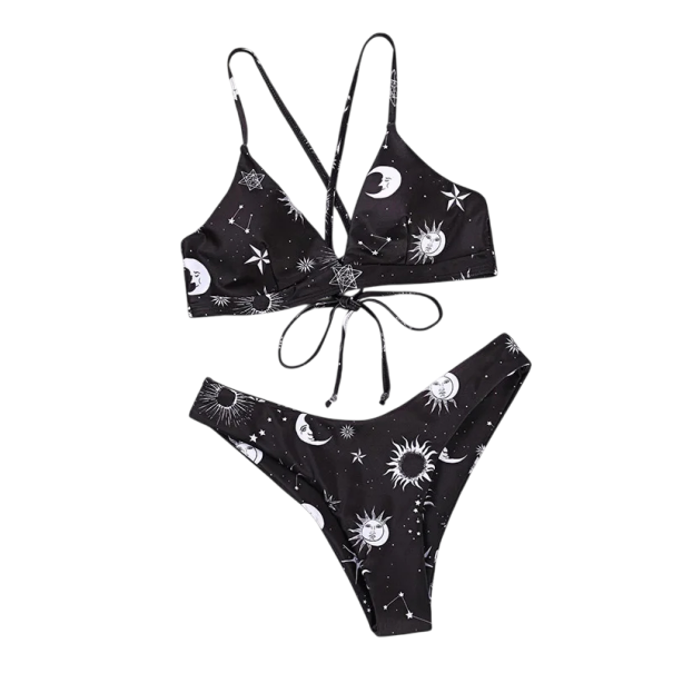 Costumi da bagno due pezzi da donna con motivo astrologico Top triangolare Spalline incrociate Vita alta Costumi eleganti per la spiaggia bianco S