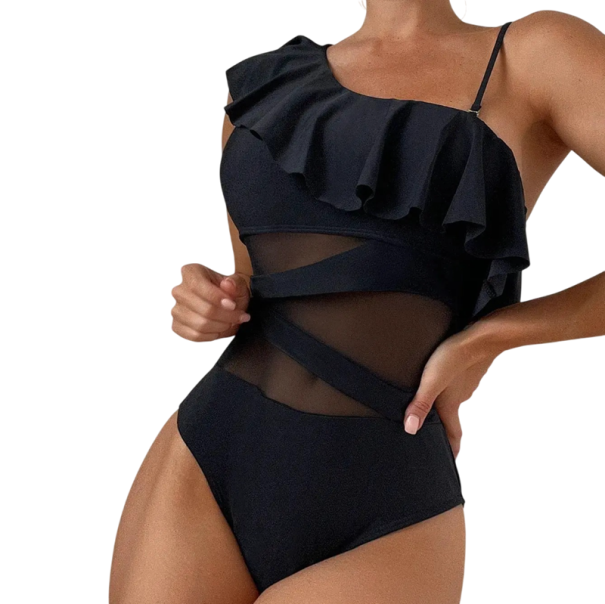 Costumi da bagno interi da donna Monocromatici Semitrasparenti Volant Scollo a V in Poliestere Spandex Costumi eleganti per l'estate nero M