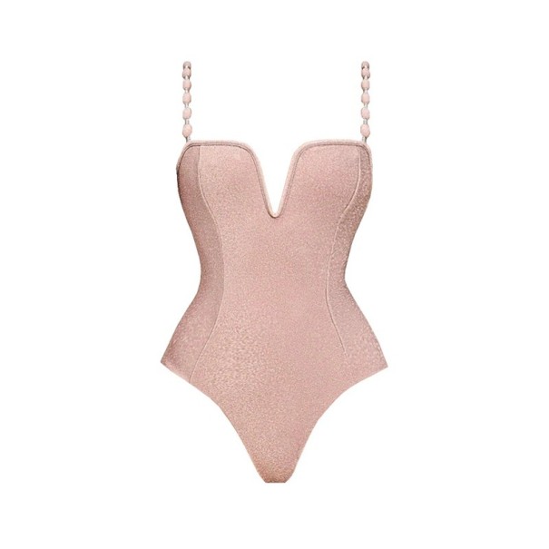 Costumi da bagno interi da donna rosa Monocromatico Scollatura a V Spalline sottili Poliestere Spandex Elastico Costumi da bagno estivi rosa L