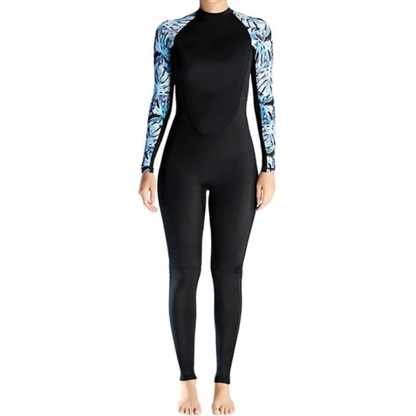Costumi interi da donna 3 mm con maniche lunghe e zip sulla schiena per nuoto, surf e immersioni, neri con stampa blu di foglie S