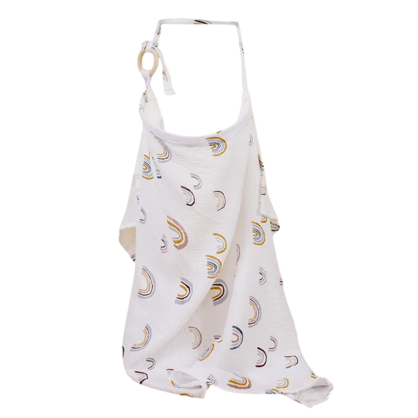 Cotton Muslin Nursing Apron 100 x 60 cm White with Rainbow Print Protection While Feeding Baby Comfortable Lightweight Material 1