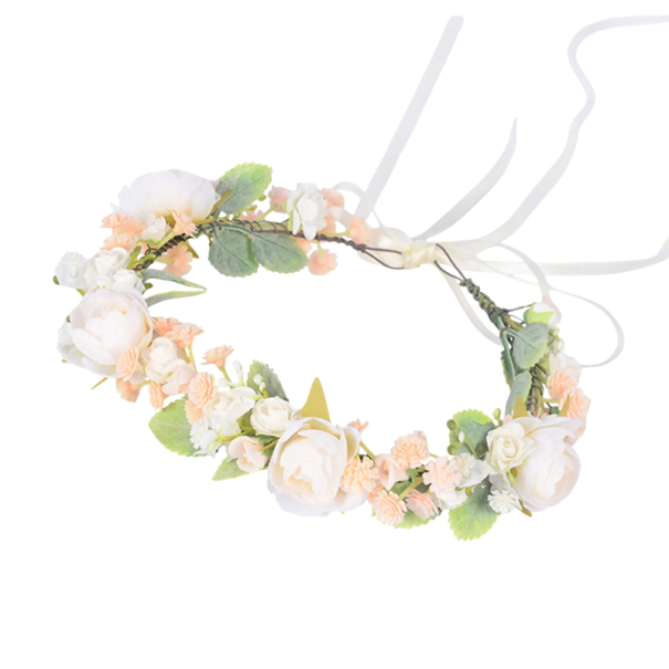 Couronne de fleurs pour cheveux Taille universelle Roses abricot-crème et petites fleurs Composition printanière fraîche avec ruban 1