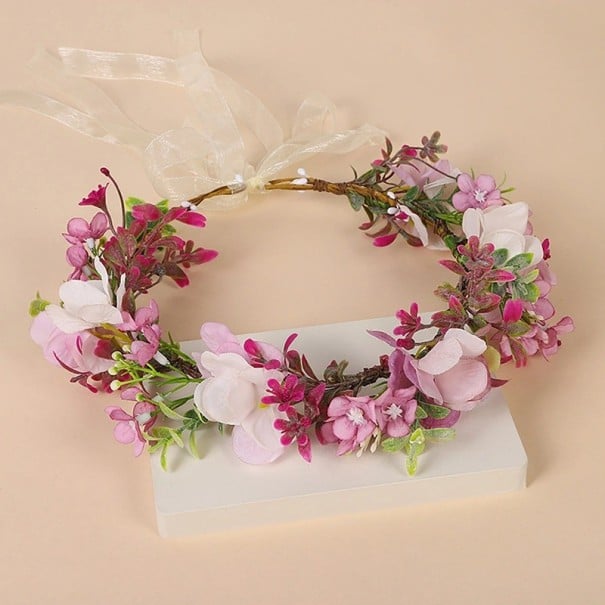 Couronne de fleurs pour les cheveux Fleurs de prairie rose et crème Décoration capillaire romantique avec de petites fleurs et un ruban transparent 1