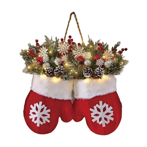 Couronne de porte 30 x 30 cm Décoration de Noël avec lumières Gants en peluche À suspendre Couronne d'hiver lumineuse avec éclairage doux pour la maison 1