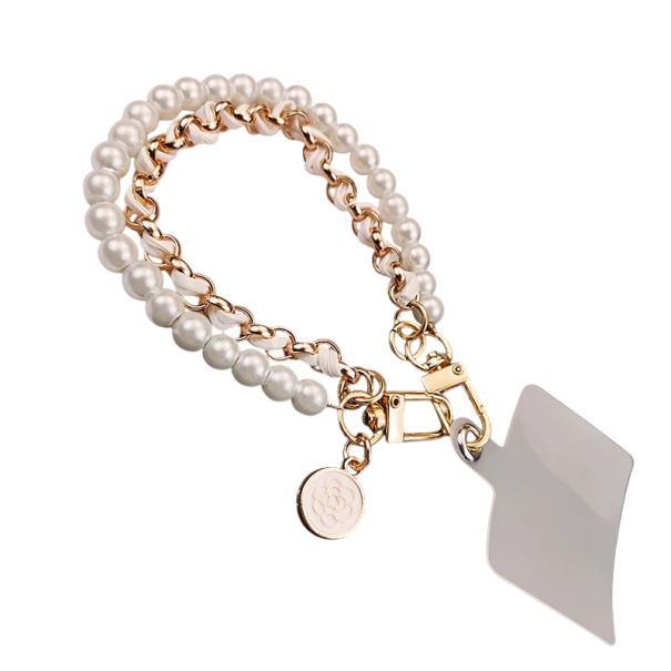 Courte sangle pour téléphone mobile au poignet Sangle en simili cuir tissée à la main Pendentif perlé et floral Attache de sécurité contre la perte blanc