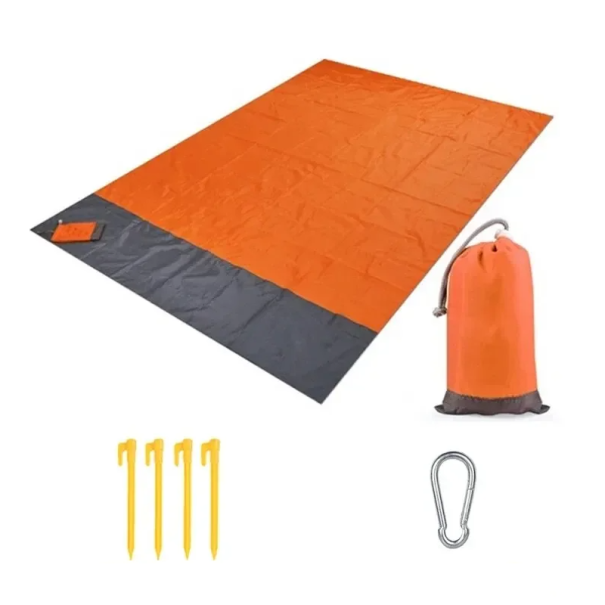Couverture de plage 200 x 140 cm Imperméable et résistante au sable Pliable avec sac Piquets de fixation et mousqueton Couverture de voyage légère orange