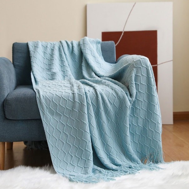 Couverture tricotée avec franges 130 x 200 cm bleu clair