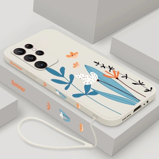 Cover in silicone con motivo di foglie e fiori per Samsung Galaxy S23, bianca 1