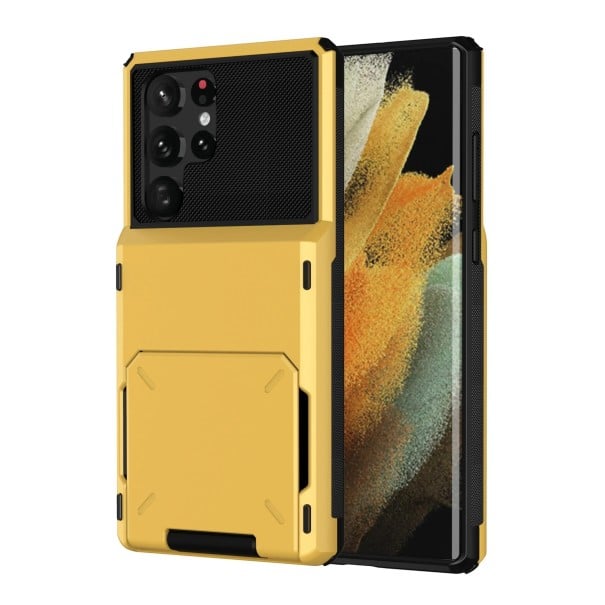 Cover til Samsung Galaxy S25 med klaplomme til kort i polykarbonat PC Pungcover til mobil til beskyttelse af telefon og opbevaring af kort gul