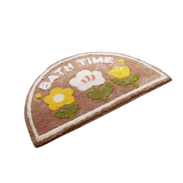 Covoare de baie semicirculare cu trei flori și inscripția Bath Time, 50 x 80 cm, decorare din pluș maro pentru intrarea în baie 1