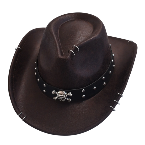 Cowboyhat af kunstlæder 56–58 cm Stilfuld westernhat med bælte med metalnitter og kranium Kostume tilbehør brun