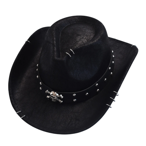 Cowboyhat af kunstlæder 56–58 cm Stilfuld westernhat med bælte med metalnitter og kranium Kostume tilbehør sort