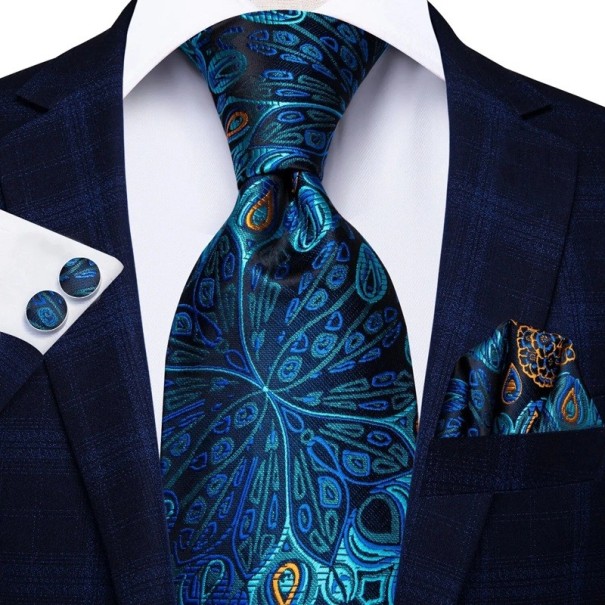Cravate en soie bleue à motifs avec boutons de manchette et pochette 150 x 8,5 cm Ensemble pour hommes de luxe Accessoire élégant pour affaires et événements sociaux 1