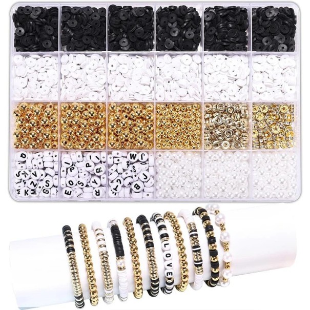 Creative Set of Clay Beads Black White Gold 24 Compartments Polymer Beads for Jewellery Making Bracelets Necklaces Earrings Crafting 1