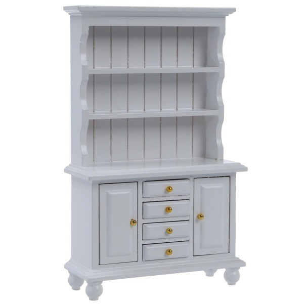 Credência branca em madeira para bonecas Mobiliário em miniatura com prateleiras Portas e quatro gavetas Dimensões 10,3 x 4 x 16,9 cm 1
