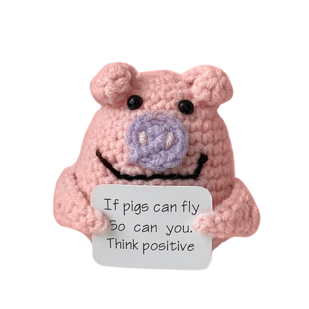 Crocheted Pig for Positive Energy Handmade Decoration with Motivational Inscription Original Gift for Luck Amulet for Good Mood pink