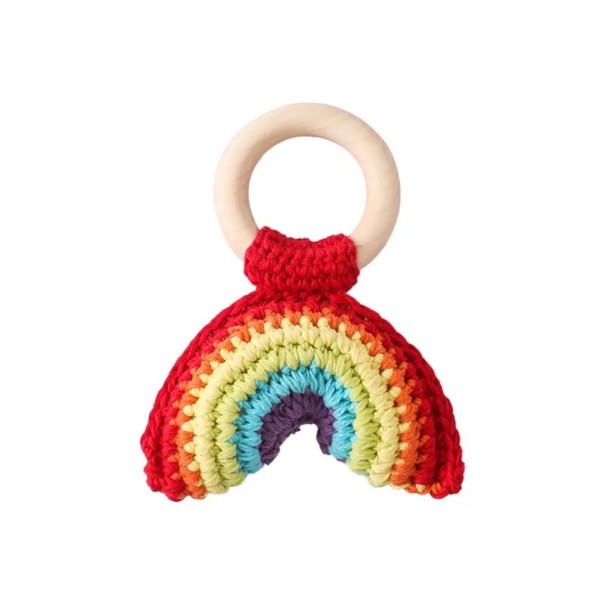 Crocheted Rattle 11.5 x 9.1 cm Wooden Circular Grip Crocheted Rainbow Made of Cotton Handmade Safe Rattle for Babies Gentle Stimulation 1