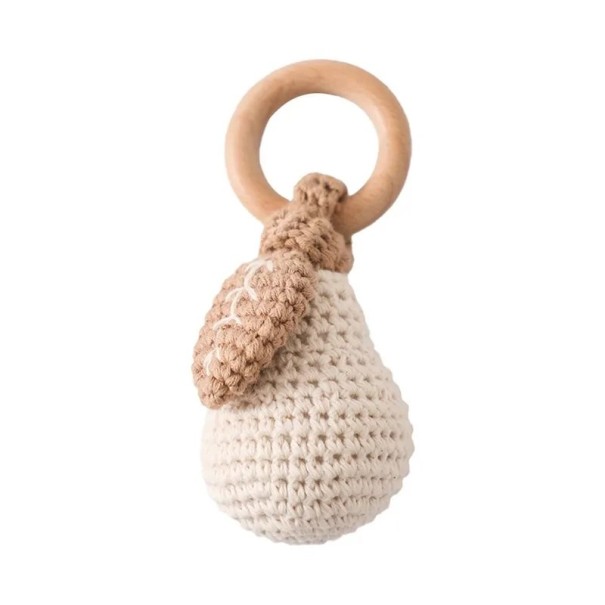 Crocheted Rattle 13.5 x 5.5 cm Pear Made of Cotton with Wooden Circular Grip Handmade Safe for Babies Gentle Motor and Sensory Stimulation 1