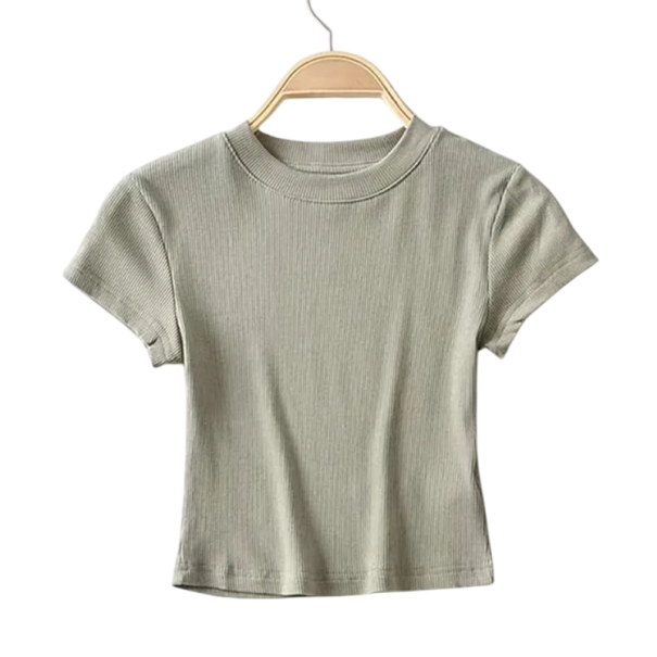 Crop top côtelé à manches courtes pour femme Haut élastique à col rond Coupe slim moderne T-shirt de couleur unie à la mode vert L