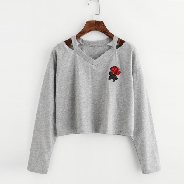 Crop top damski z kwiatkiem J2851 szary S