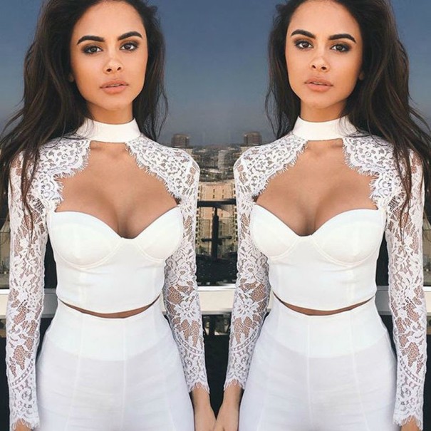 Crop-Top für Damen mit Spitzenärmeln weiß S