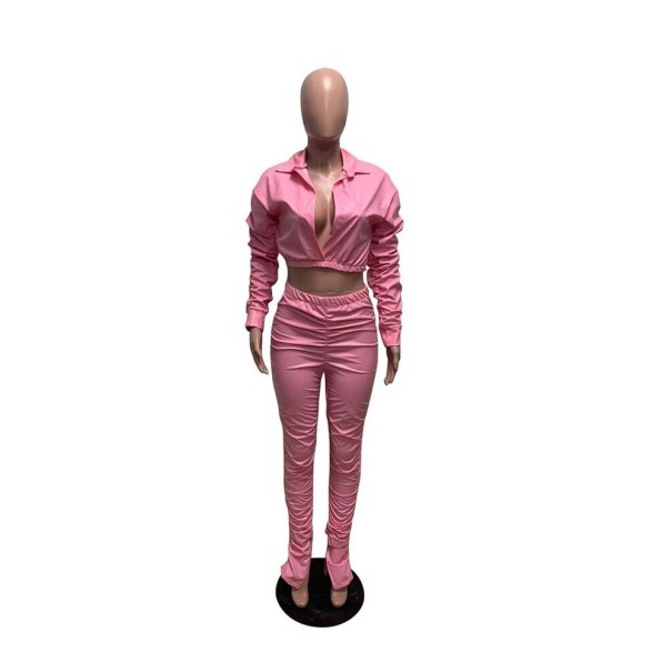 Crop-Top und Hose aus Leder für Damen rosa L