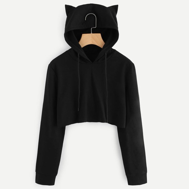 Croptop med huva för kvinnor med kattöron - Svart