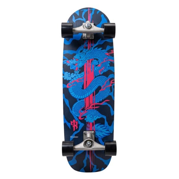 Cruiser skateboard S motivem draka Délka 83,8 cm Stříbrné trucky Modrý s růžovými pruhy a černými koly Na město a cyklostezky 1