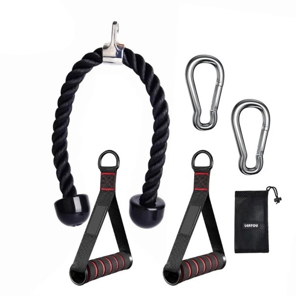 Csigás kiegészítők készlete: tricepsz kötél 70 cm 2x fogantyú habszivacs markolattal 2x karabiner és tasak erő- és kondicionáló edzéshez 1