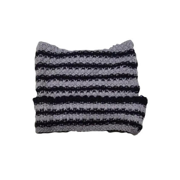 Csíkos kötött sapka macskafülekkel 56–59 cm Harajuku Little Devil Stílusos unisex téli sapka Pamut Akryl Streetwear szürke