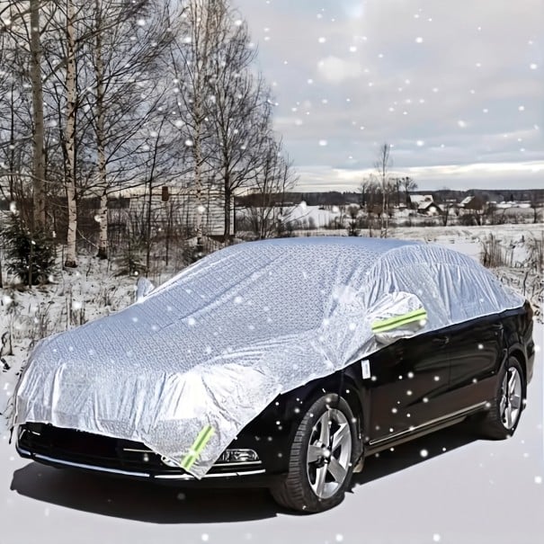 Cubierta media para auto 325 x 175 cm Plateada Protección del parabrisas, techo y ventanas Rayas reflectantes Ganchos para ruedas Contra nieve 1