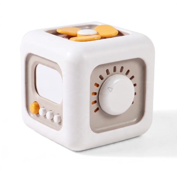 Cubo attivo Montessori 6 in 1 8,5 x 8,5 x 8,5 cm Giocattolo sensoriale con interruttori, girandola e manopola Bianca Per bambini da 12 mesi 1