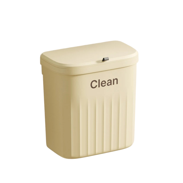 Cubo de basura colgante con tapa 26,5x29x16 cm Cubo de basura de pared para cocina y baño Cubo de reciclaje Organizador colgante para residuos clasificados crema