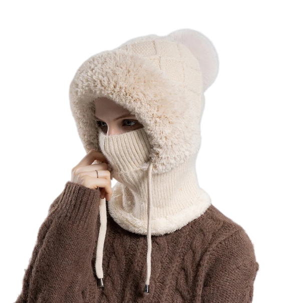 Cubre cabeza de invierno para mujer con pompón Circunferencia de cabeza 55–60 cm Caliente gorro de lana con cuerdas para atar para el invierno beige