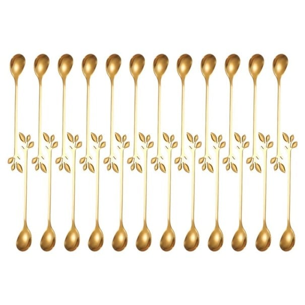 Cucharas de té largas de acero inoxidable con mango decorativo en forma de hoja, cucharas de postre para café, té, helado y fruta, cubiertos dorado
