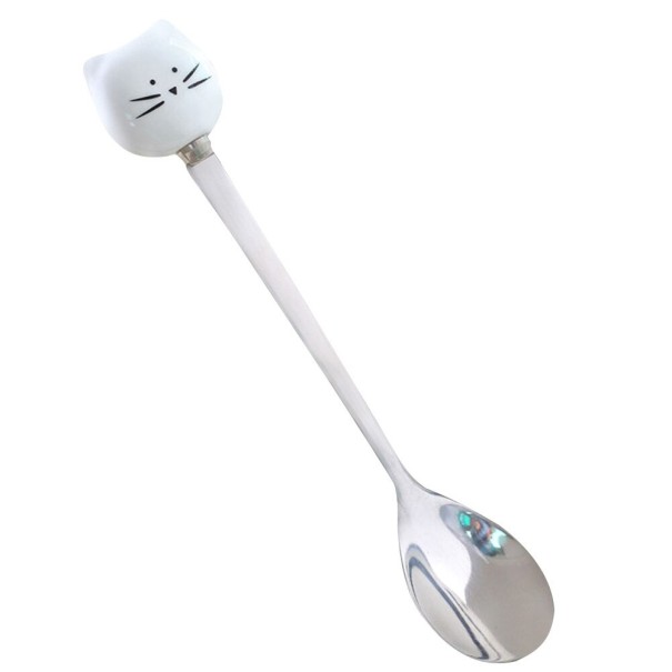 Cucharita con gato para amantes de los gatos Para mezclar café y té Cuenco ovalado Acero inoxidable brillante Longitud 14,5 cm Cabeza de gato blanco