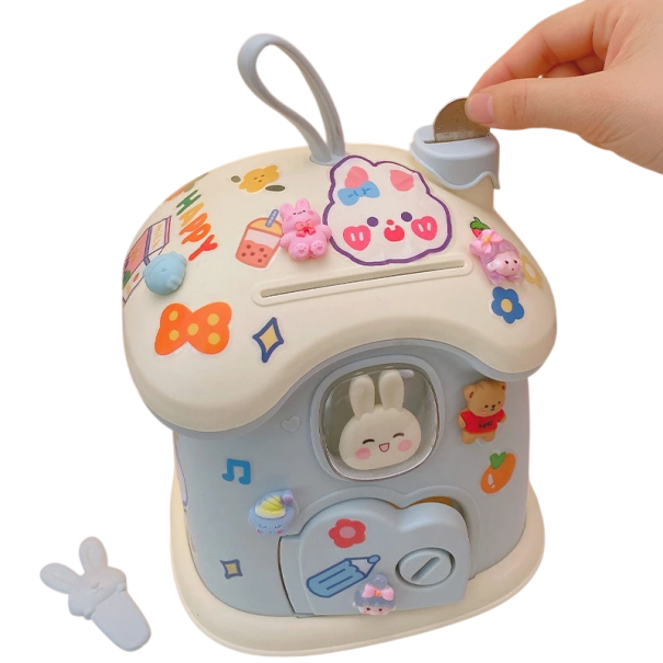 Cufăr pentru copii cu iepuraș și ușițe, fanta pentru monede 200 × 183 × 155 mm, închis, inclusiv chei și decorațiuni pentru copii albastru