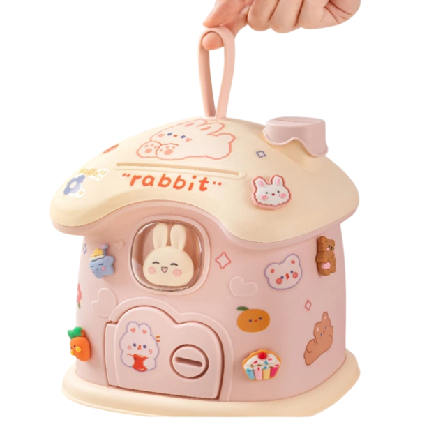 Cufăr pentru copii cu iepuraș și ușițe, fanta pentru monede 200 × 183 × 155 mm, închis, inclusiv chei și decorațiuni pentru copii roz