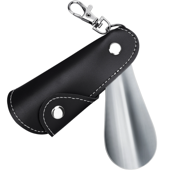 Cuillère à chaussures en acier inoxydable 10 cm avec étui en cuir Porte-clés Compagnon de voyage en acier inoxydable Outil pratique noir