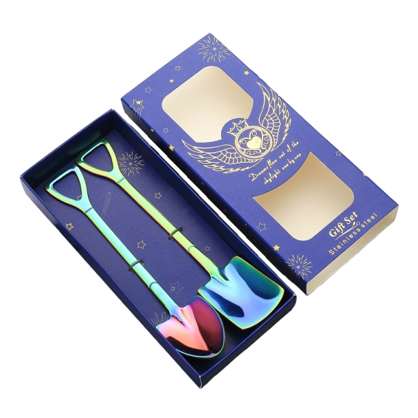 Cuillères en forme de pelle et de râteau dans une boîte cadeau 2 pcs arc-en-ciel