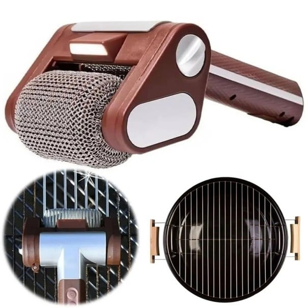 Curățător electric de grătar reîncărcabil cu cap schimbabil, cilindru rotativ din oțel inoxidabil, lumină LED, încărcare USB, 26 x 12,5 x 9 cm, maro maro