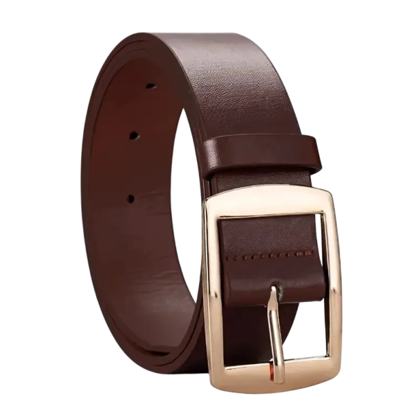 Curea bărbătească din piele PU 3 cm Cataramă din metal auriu Curea elegantă pentru pantaloni Accesoriu elegant de modă pentru bărbați Circumferință reglabilă Aspect clasic maro 110 cm