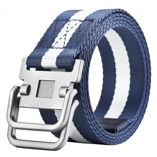 Curea unisex din pânză cu cataramă inelară dublă metalică Curea textilă neagră reglabilă Accesoriu de modă pentru blugi și pantaloni scurți albastru 120 cm