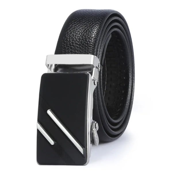 Cureaua eleganta neagra pentru barbati din piele PU cu catarama metalica automata Lungime reglabila Accesoriu barbatesc modern argint 110 cm
