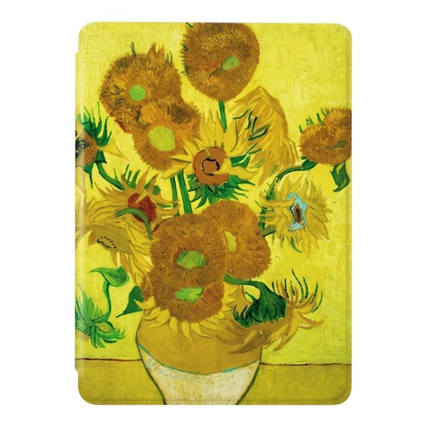 Custodia flip gialla da 6 pollici per Kindle 10ª generazione 2019 con bouquet di girasoli dipinti in un vaso e con cinturino da polso e pellicola 1