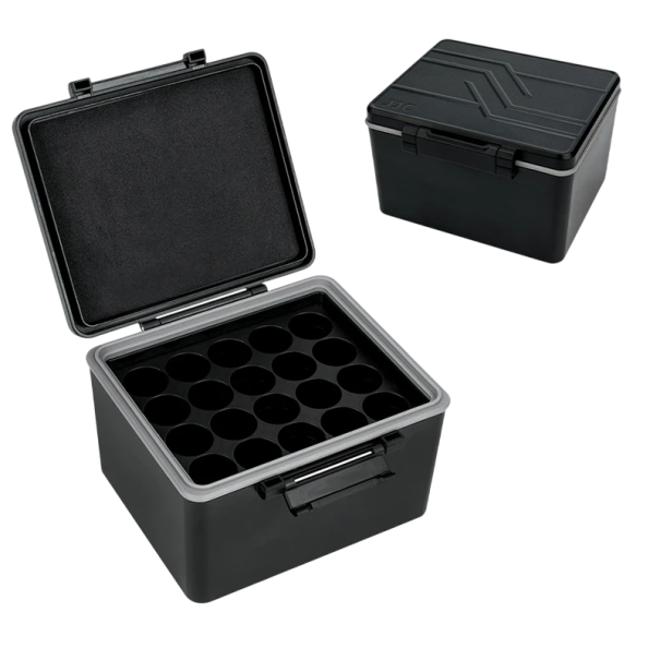 Custodia nera per batterie 11,3x12,4x7,6 cm Scatola resistente per 20 pezzi di batterie tipo 18650 Organizzatore di stoccaggio in plastica per una conservazione sicura 1