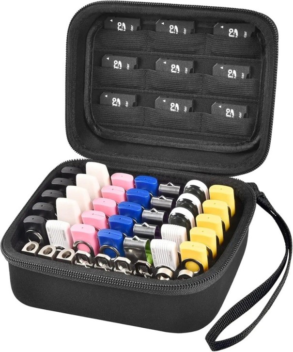 Custodia nera per chiavette USB e schede SD Organizzatore portatile con scomparti Custodia protettiva da viaggio per supporti digitali e schede di memoria nero