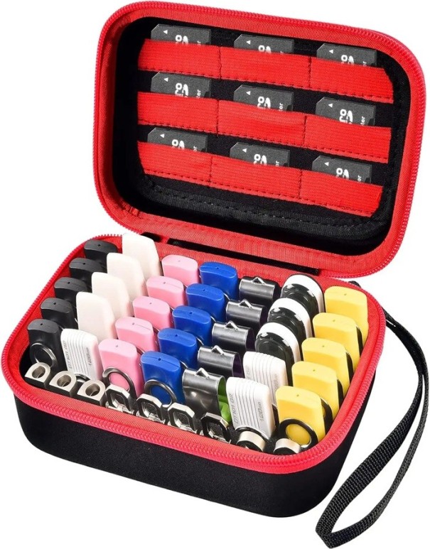 Custodia per chiavette USB e schede SD Colori neutri Organizzatore portatile con scomparti per media digitali Custodia protettiva per viaggi e ufficio rosso
